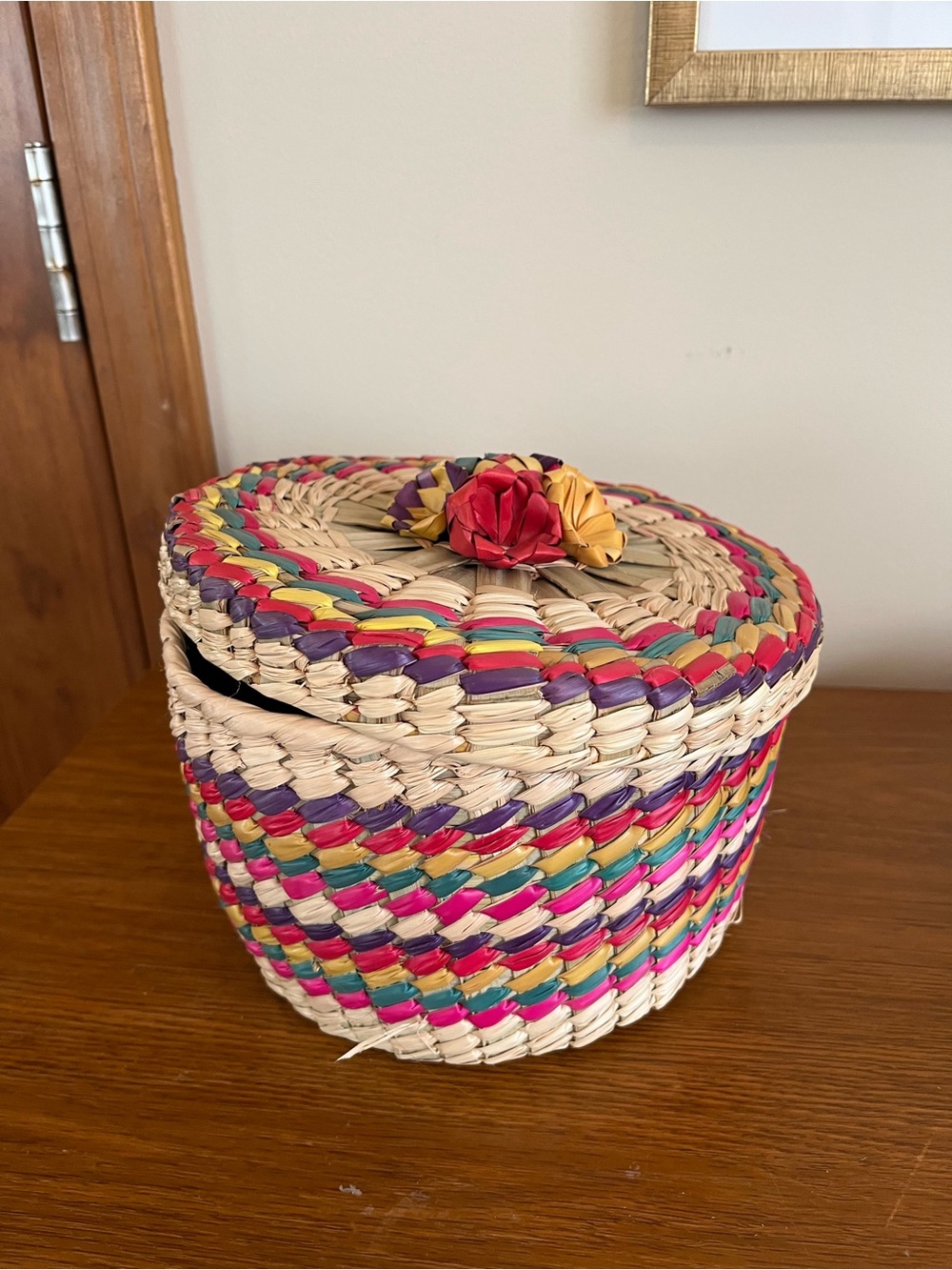 Handwoven Colorful Straw Trinket Basket with Lid